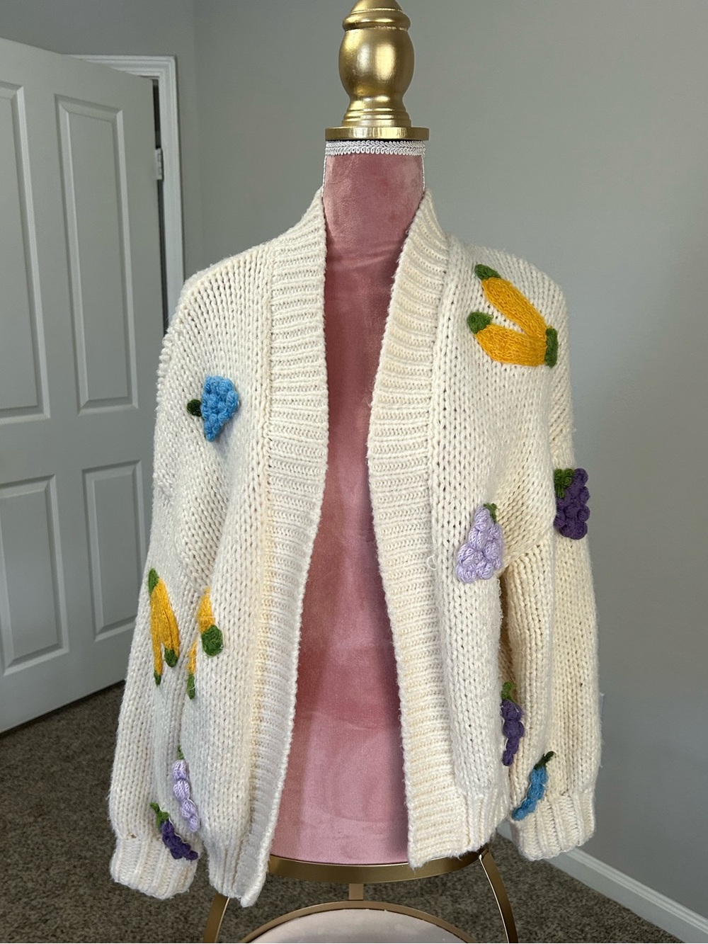Duchamp Cream Knit Cardigan with fruits M/L